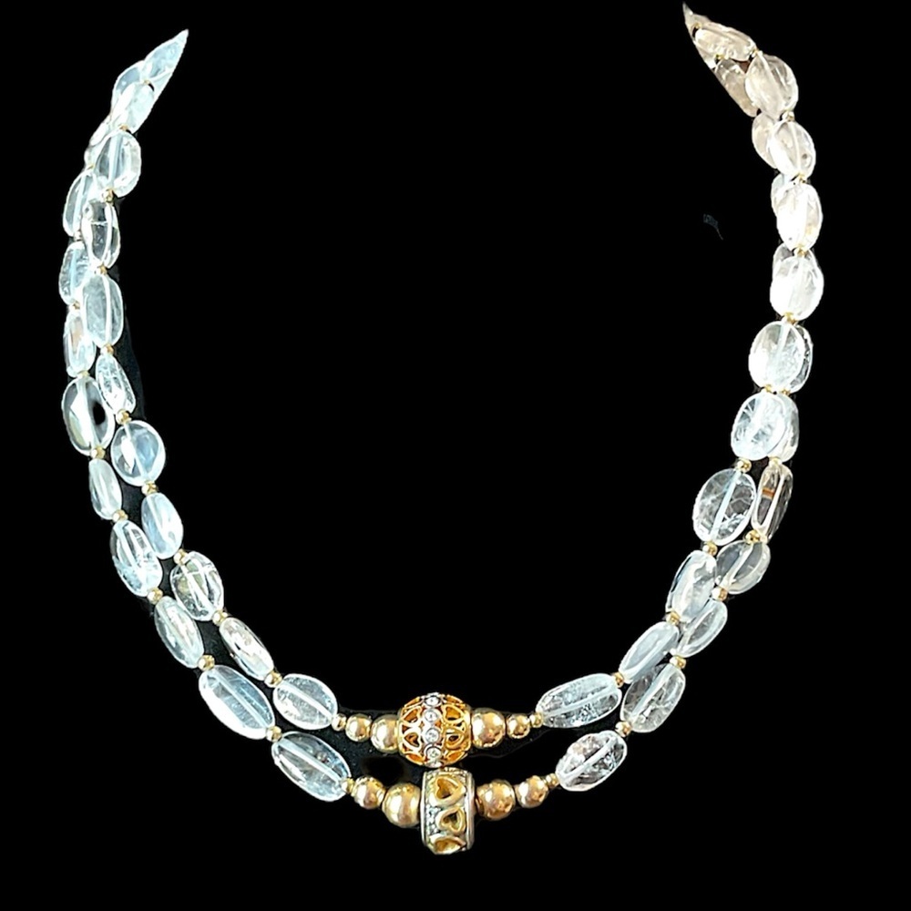 Rock Crystal Cz Charm Heart Beaded Double Strand Necklace